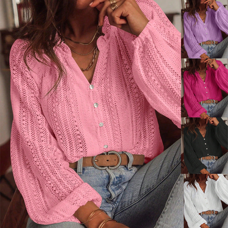 Loose Fashion Versatile Lace Single-breasted Long Sleeve Women's T-shirt