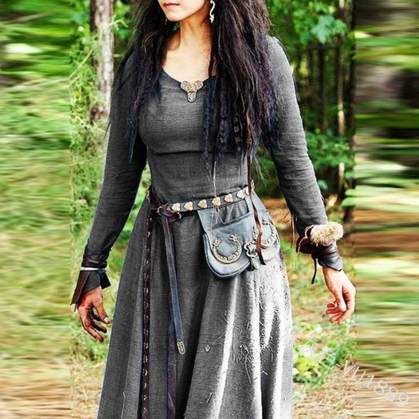 Women's Medieval Retro Crew Neck Long Sleeve Slim Artistic Cotton Linen Dress