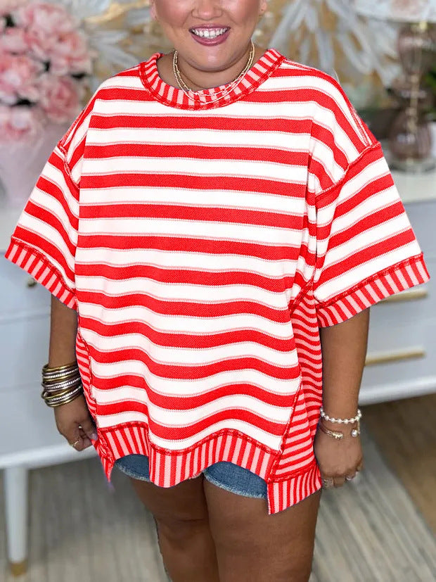Slouchy Women's Loose Casual Striped Stitching Women's T-shirt