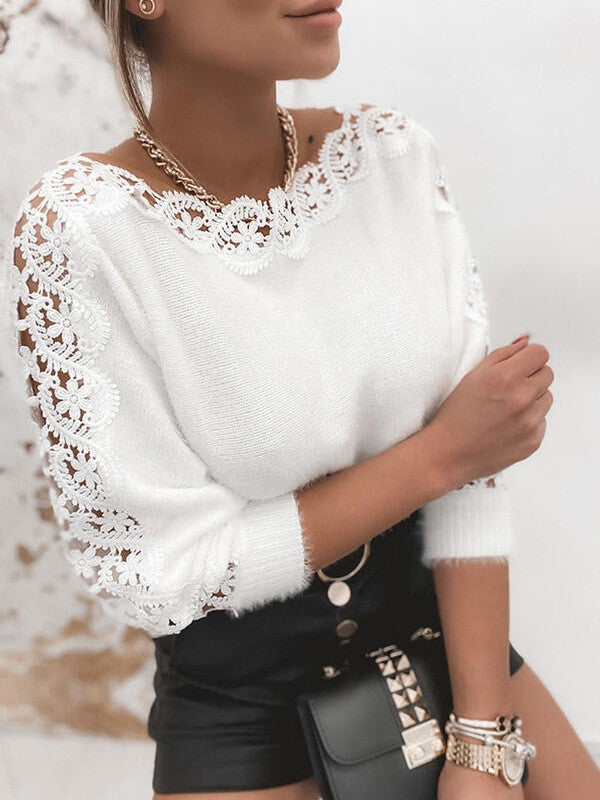 Women's Knitted Elegant Lace Stitching Sleeves Solid Sweaters