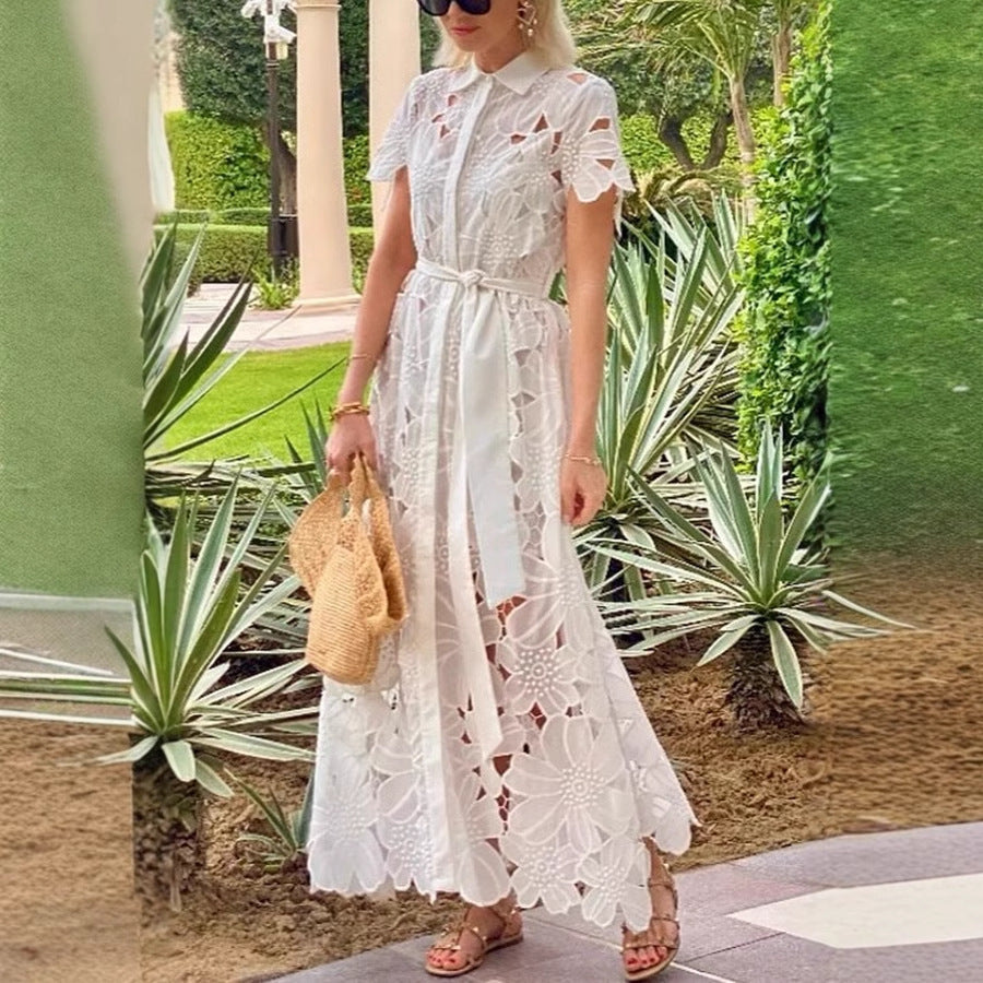Women's Fashion Casual Lace Solid Color Single-breasted Dress