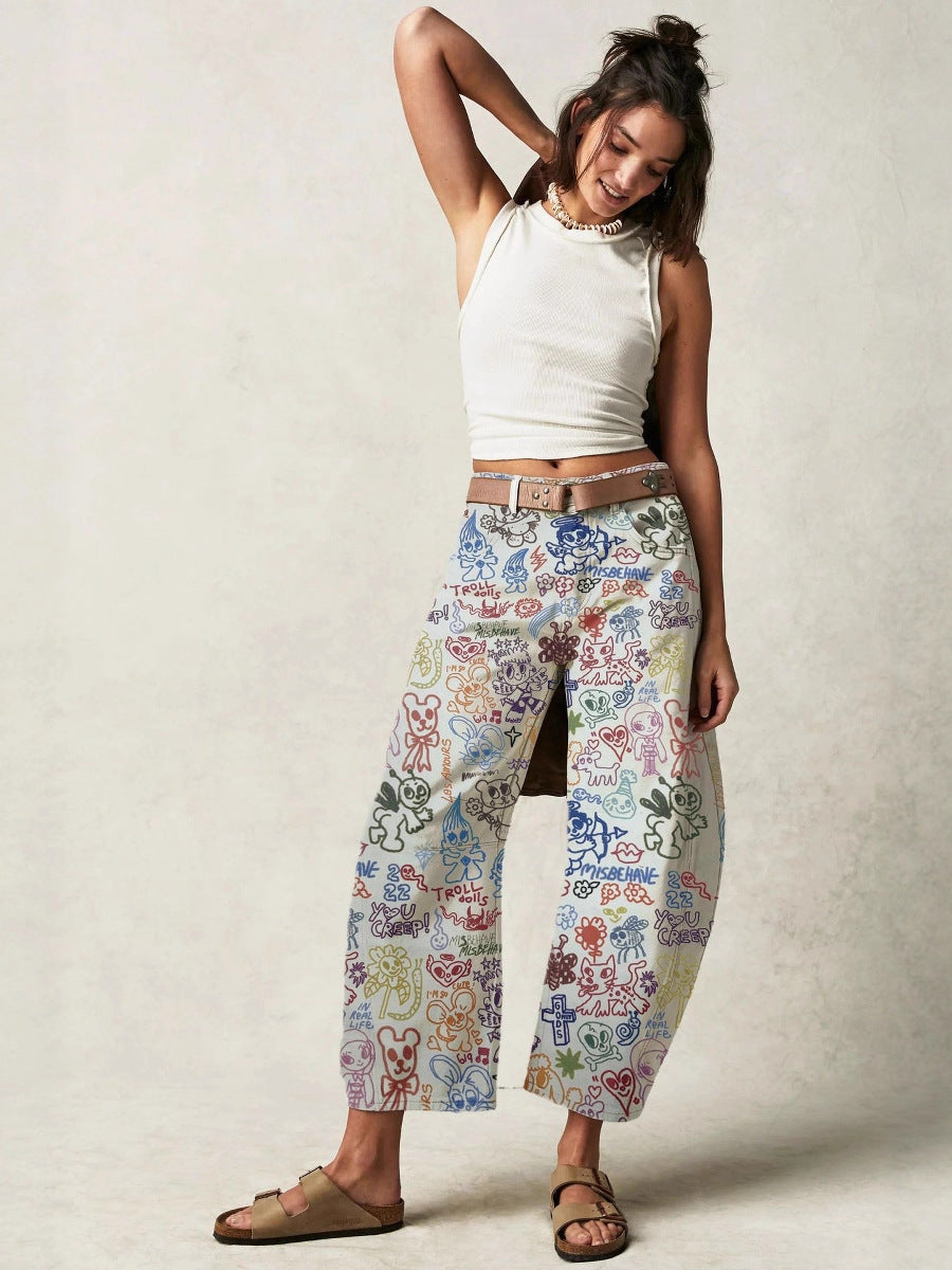Women's Spring Leisure Loose Mid Waist Cylindrical Women's Jeans