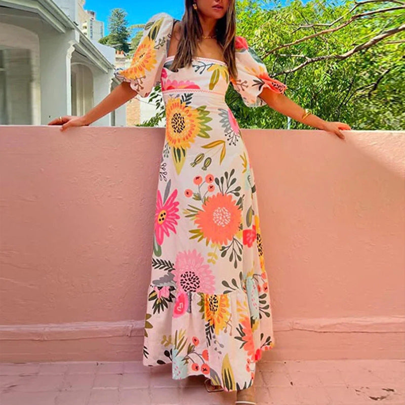 Women's Spring Elegant Fashion Lantern Sleeve Printing Dress