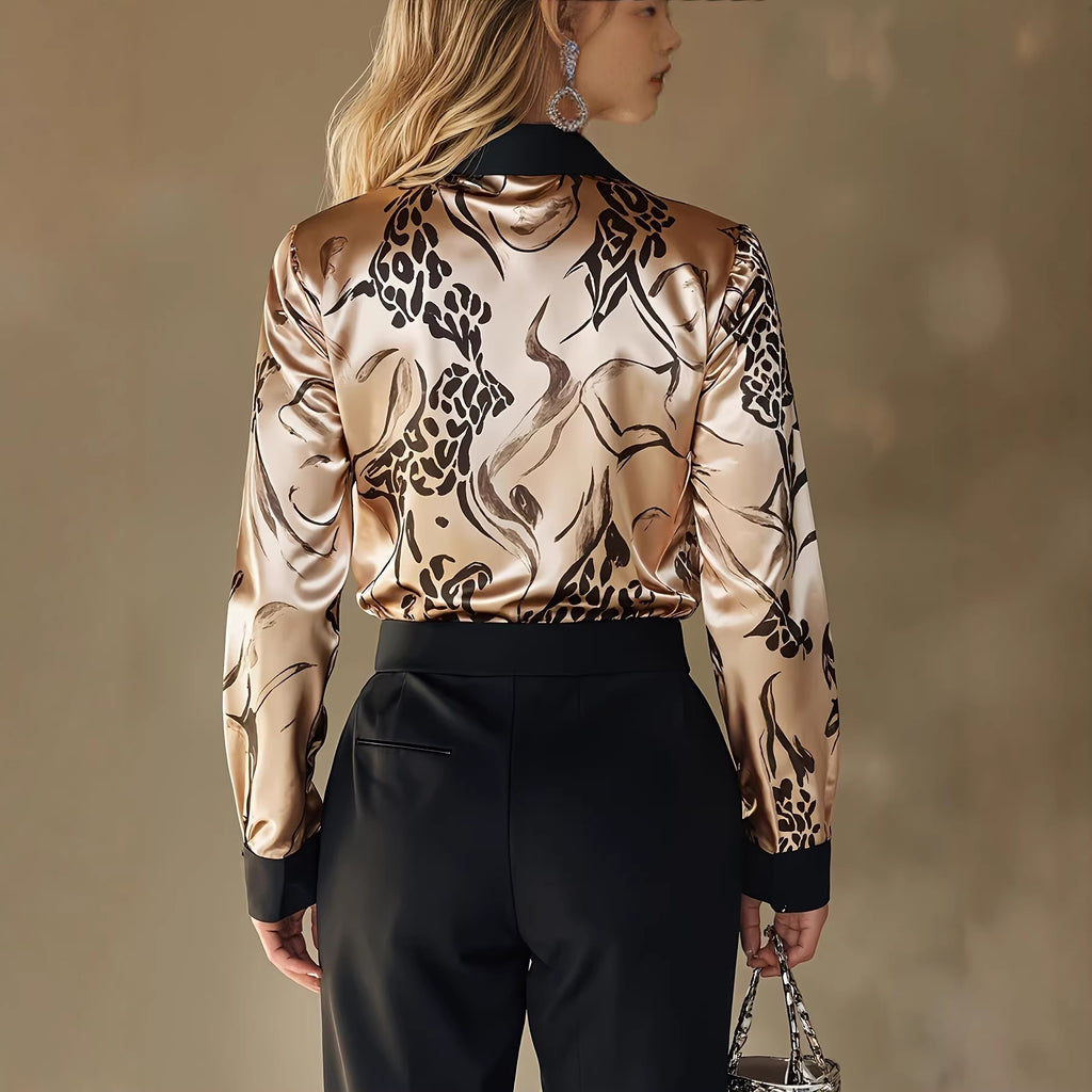 Women's Satin Printed Long Sleeve Shirt Blouse