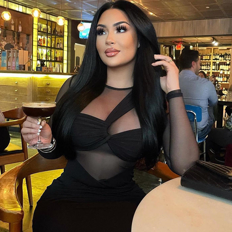 Women's Round Neck Mesh Stitching Long-sleeved Mid-length Dress