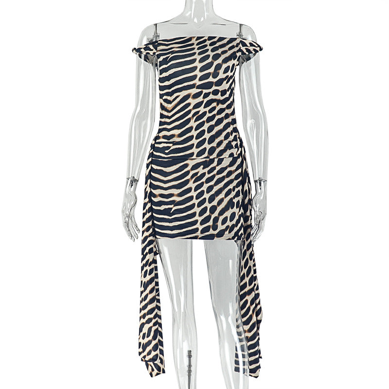 Women's Street Leopard Print Printed Lace Up Hip Diagonal Dress