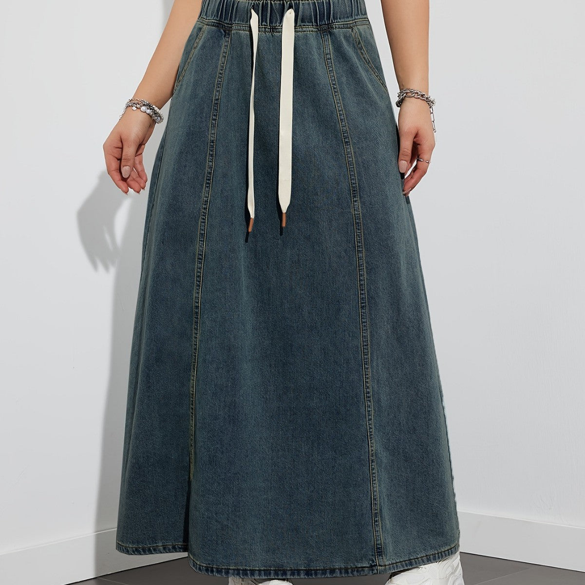 Women's Design Elastic Waist Loose Swing Dress Denim Skirt