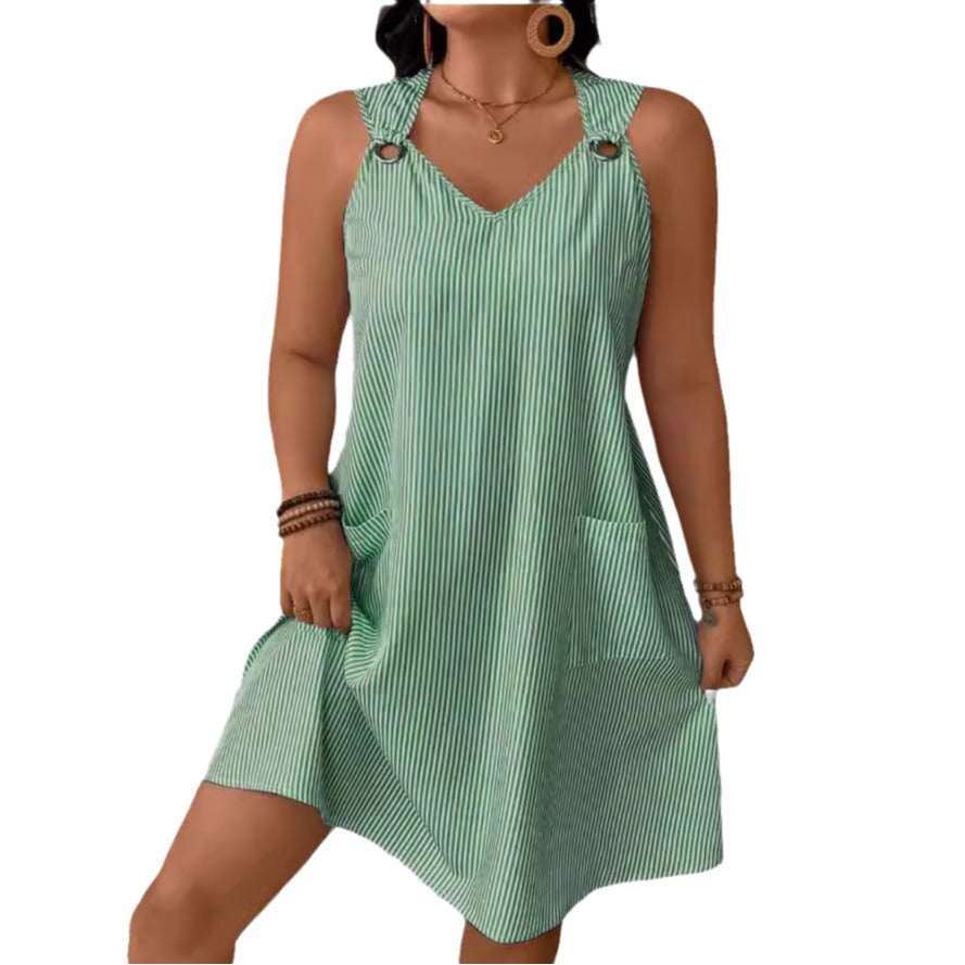 Creative Round Neck Pocket Striped Overall Skirts