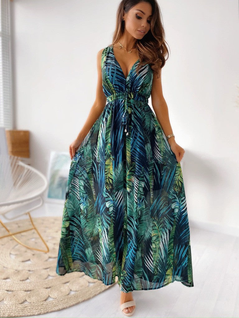 Trendy Summer Print Backless Lace Up Dress