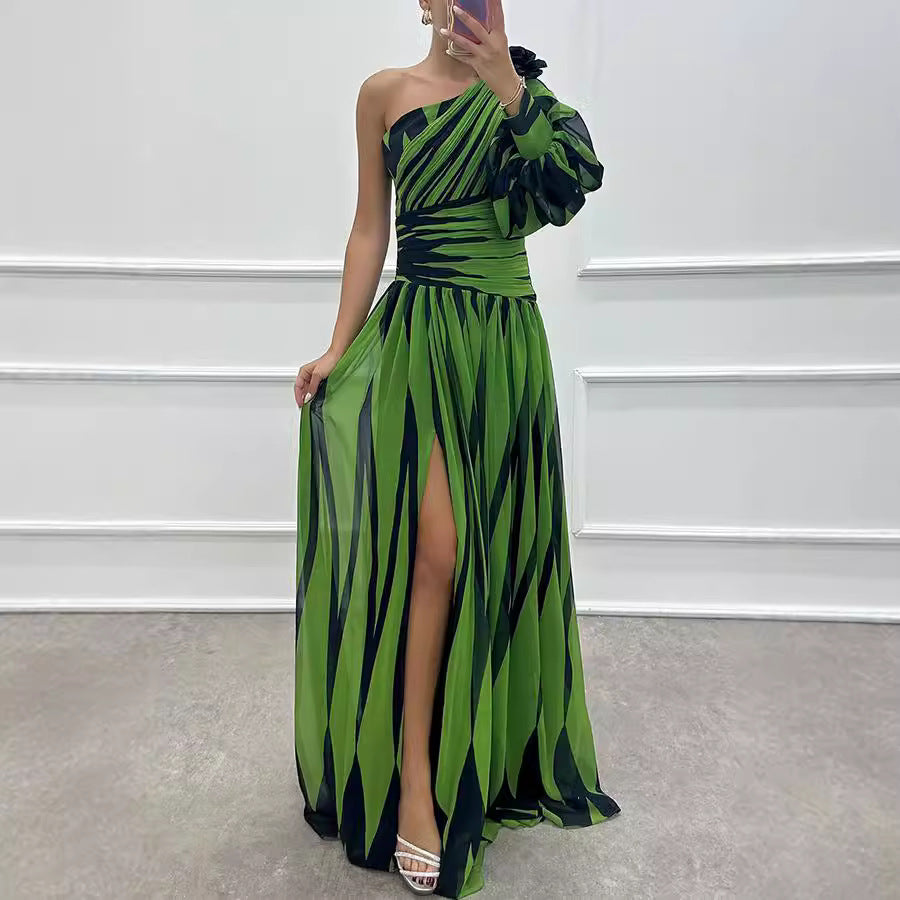 Print Slant Shoulder Slit Casual Loose Dress