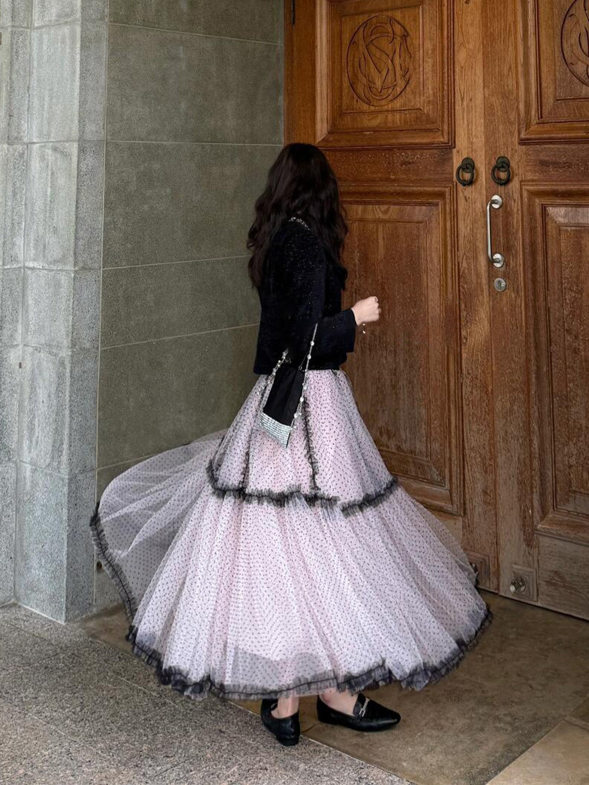 French Style Mesh Pink Polka Dot A- Line Dress Skirts