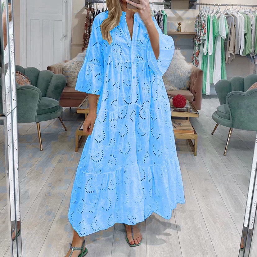 Women's French Style Bell Sleeve Lace Solid Color Sexy Long Dress