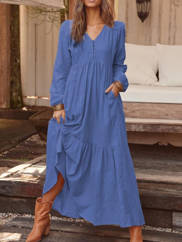 Women's Button Cotton Linen Retro Casual Long-sleeved Large Dress