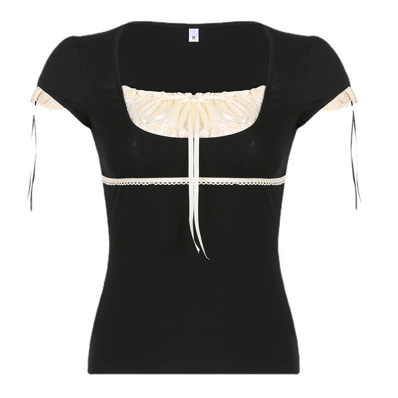Women's Winter Color Contrast Patchwork Lace Square Collar Tops