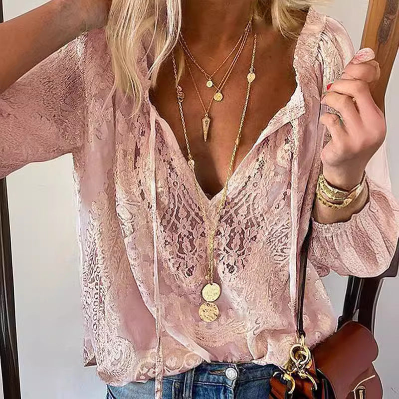 Temperament Commute Loose Printed Lace Solid Color Blouse