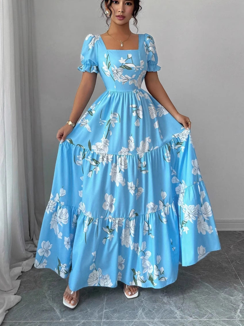 Long Square Collar Flower Print Elegant Dress