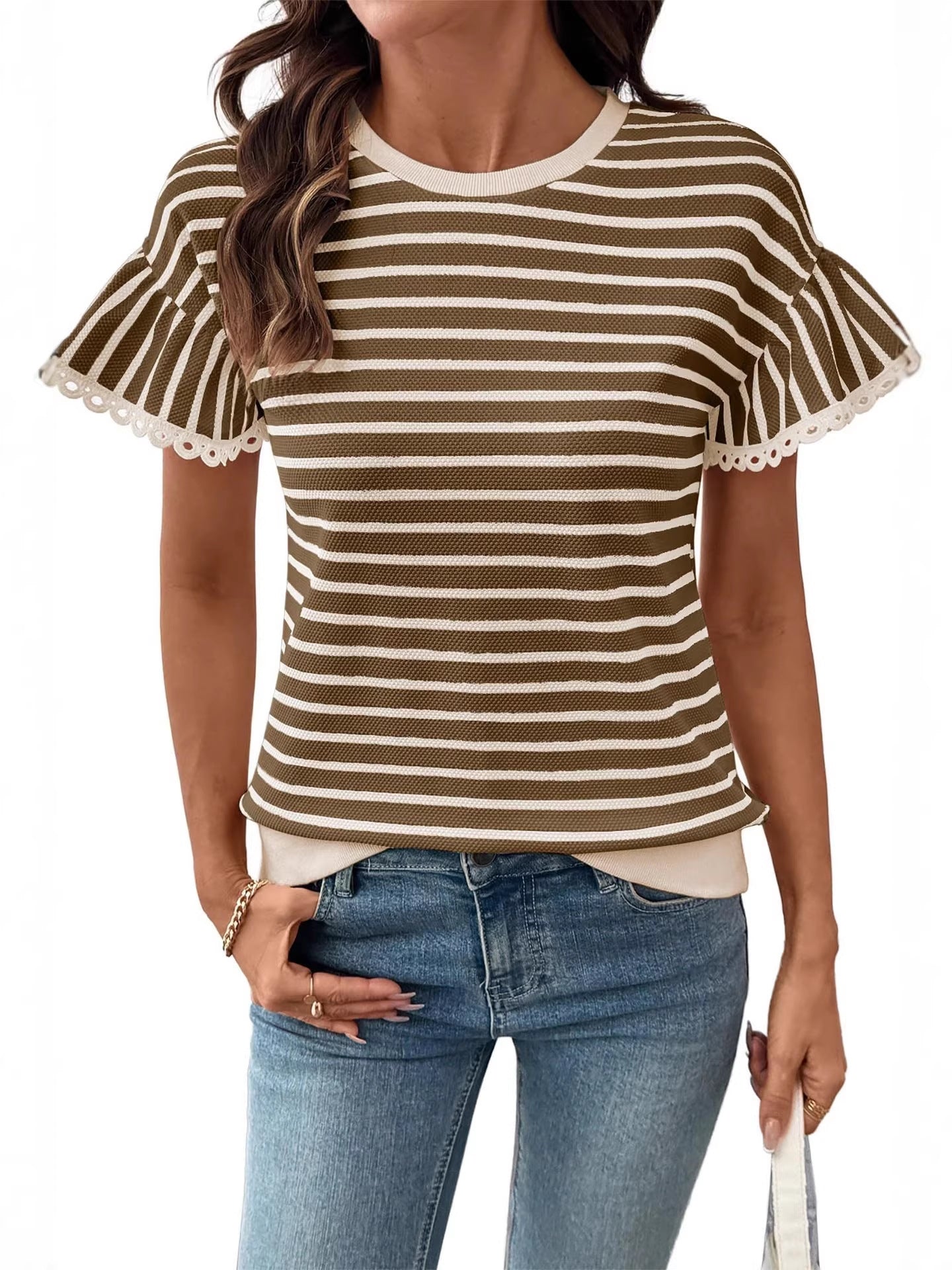 Women's Striped Lace Round Neck Sleeve Fashionable Tops