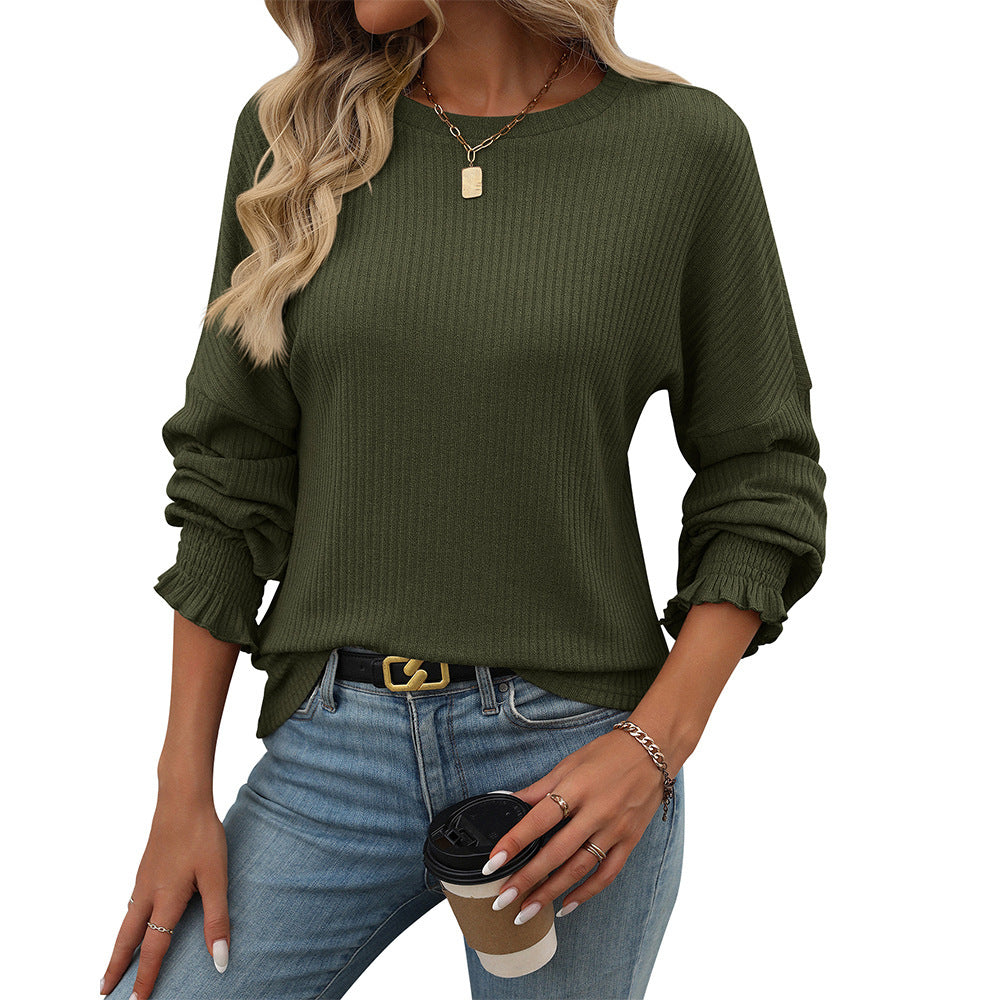Women's Loose Casual Sunken Stripe Long-sleeved Women's T-shirt