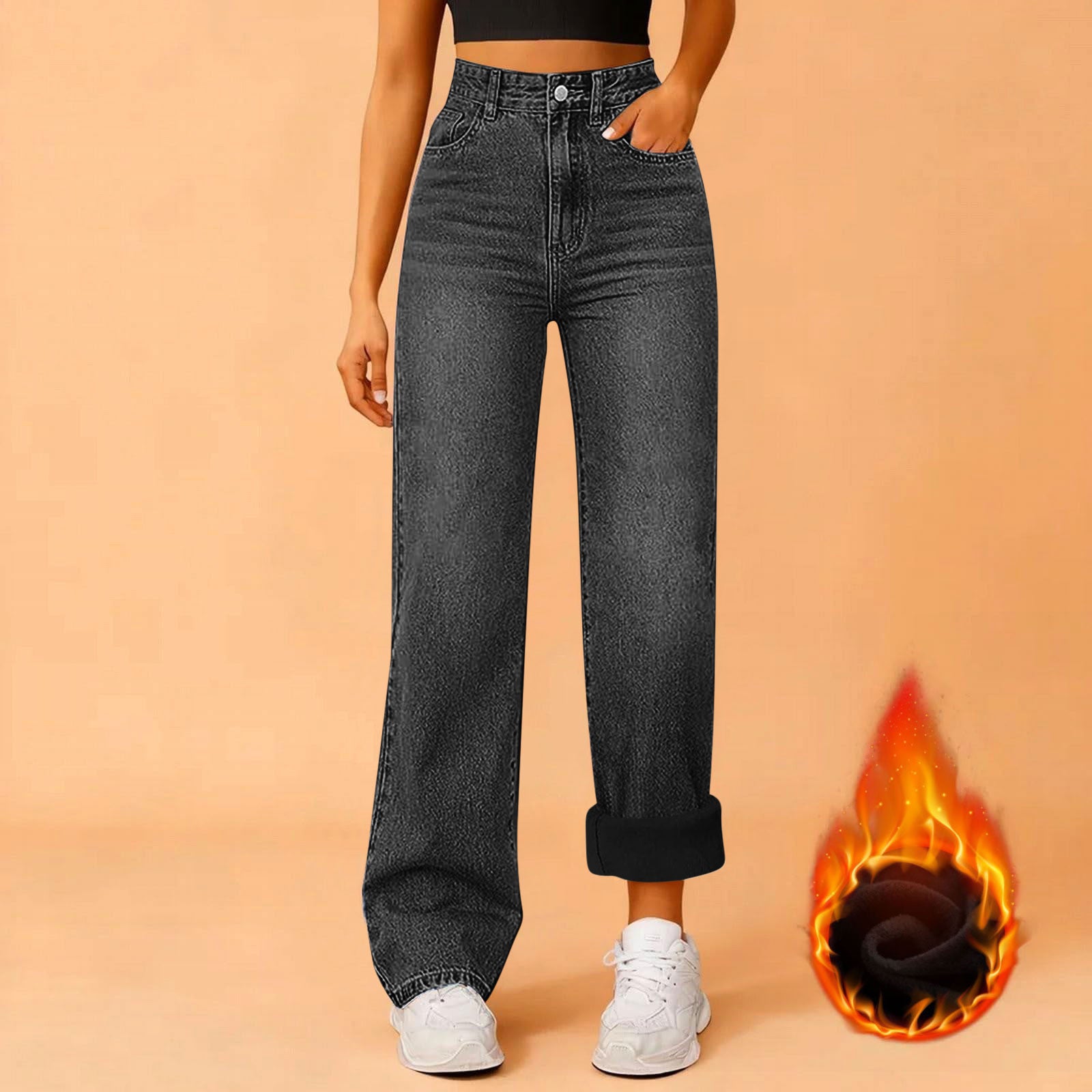 Women's Fleece Padded Loose Straight Ladies Women's Jeans