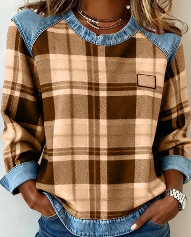 Women's Plaid Stitching Denim Round Neck Loose-fitting Source Sweaters