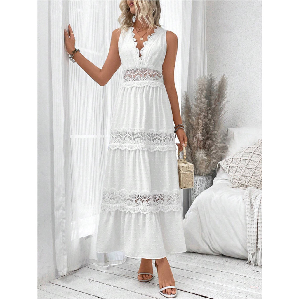 Women's Summer Lace Stitching Collar Sleeveless Dress