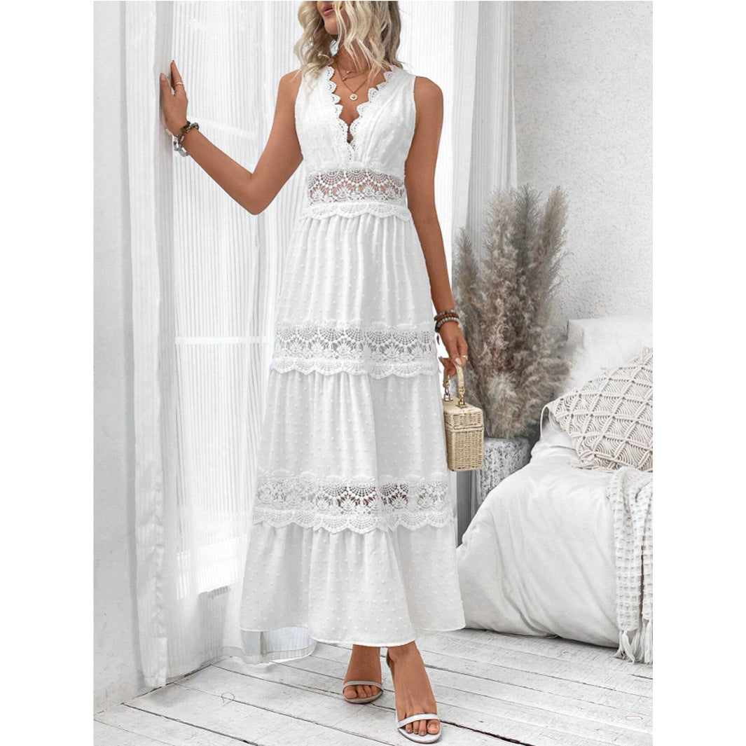 Women's Summer Lace Stitching Collar Sleeveless Dress