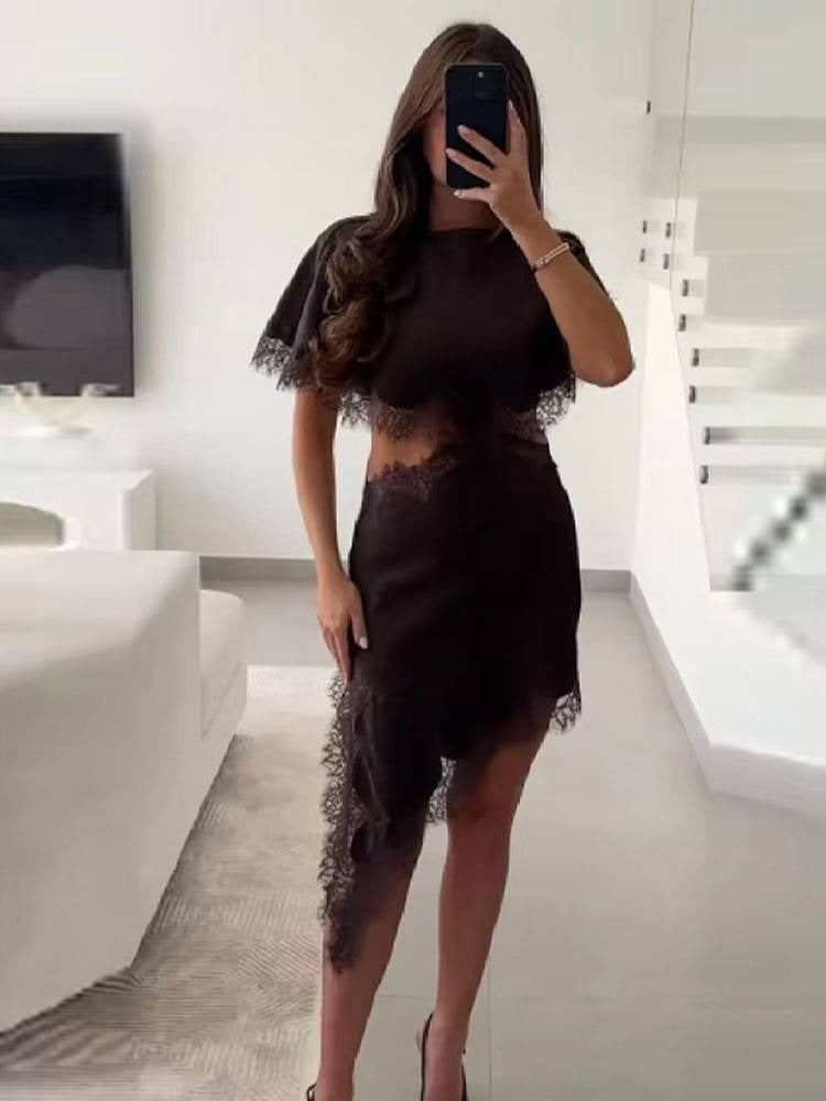Women's Fashion Lace Trim Leaky Waist Opening Design Dress