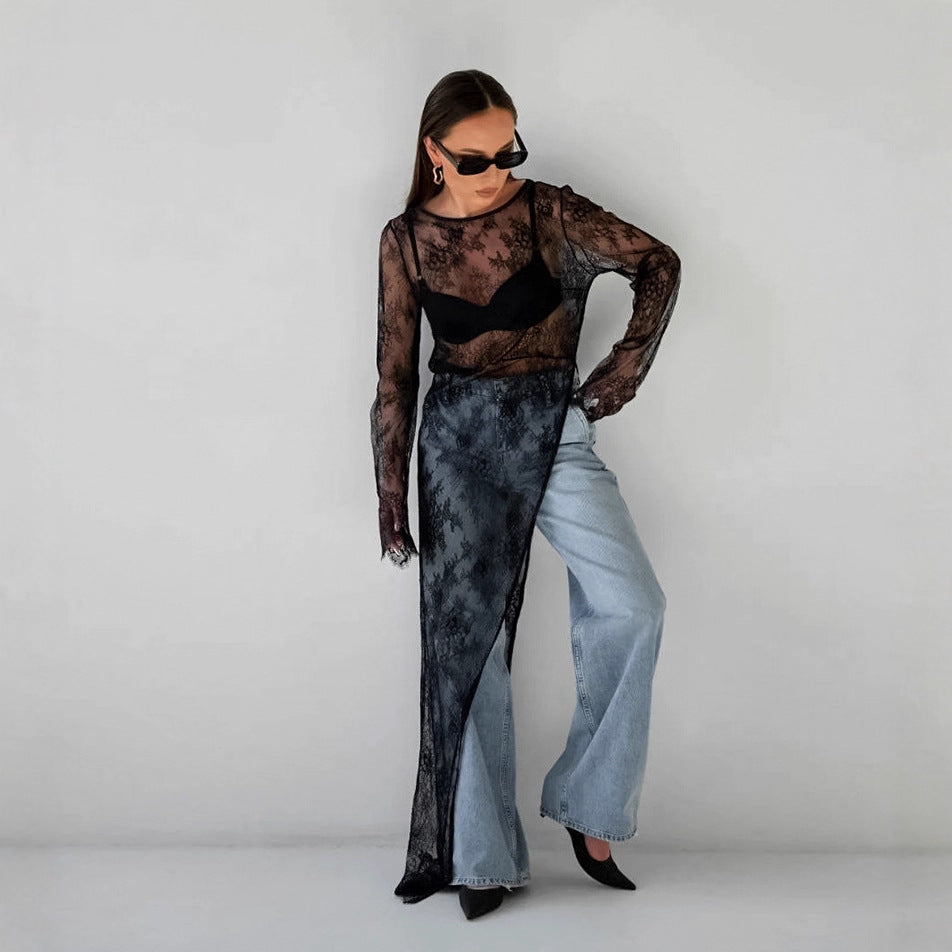 Women's Sexy Black Jacquard Lace Knitted Slit Dress