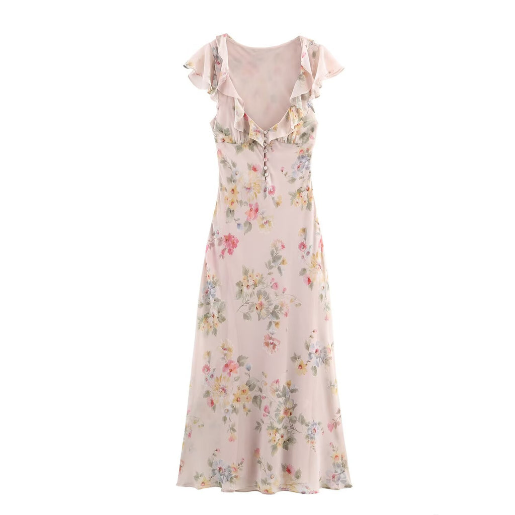 Women's Autumn Flower Printed Laminated Decoration Midi Dress