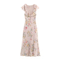 Women's Autumn Flower Printed Laminated Decoration Midi Dress