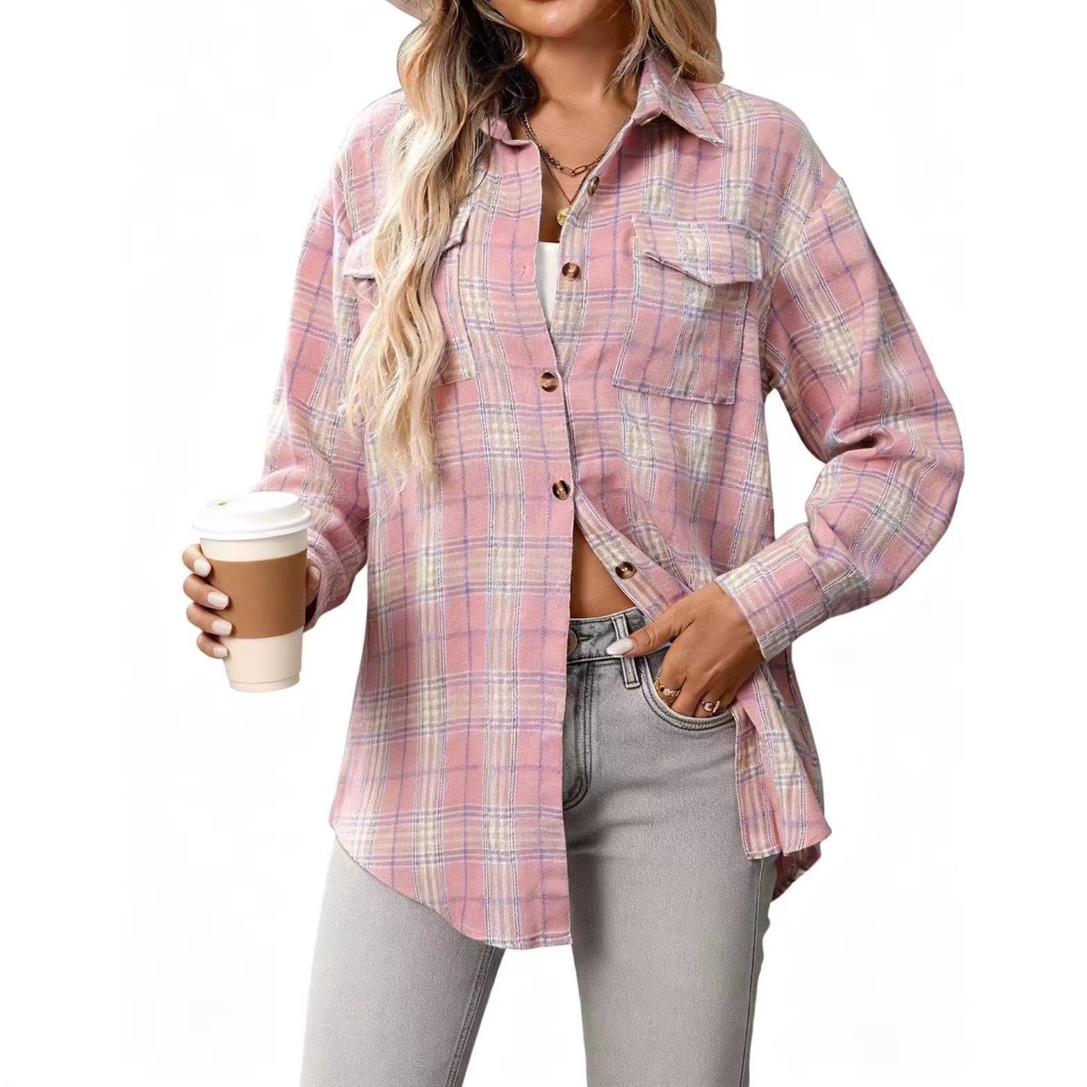 Women's Casual Fashion Loose Plaid Pocket Shirt Blouse