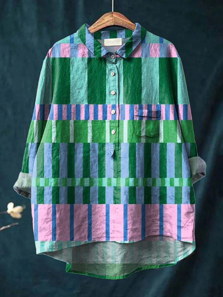 Slouchy Women's Shirt Printed Linen Fabric Blouse