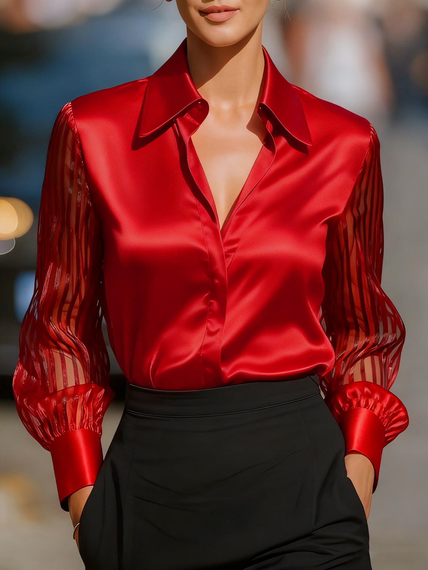 Women's Pure Color Loose Satin Long-sleeved Shirt Blouse