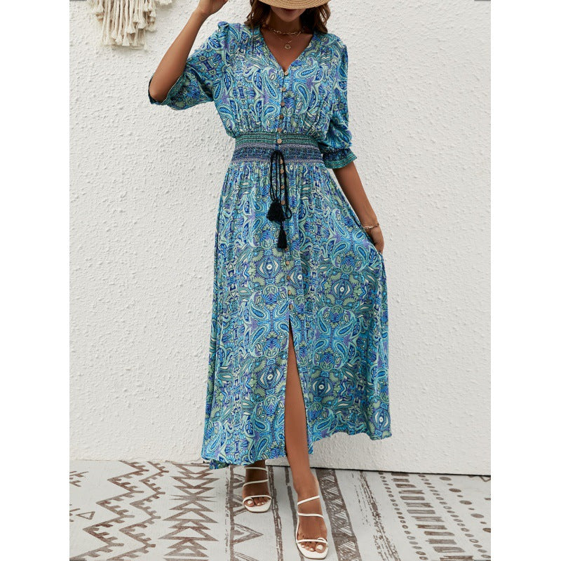 Women's Summer Printed Waist Bohemian Holiday Breasted Dress