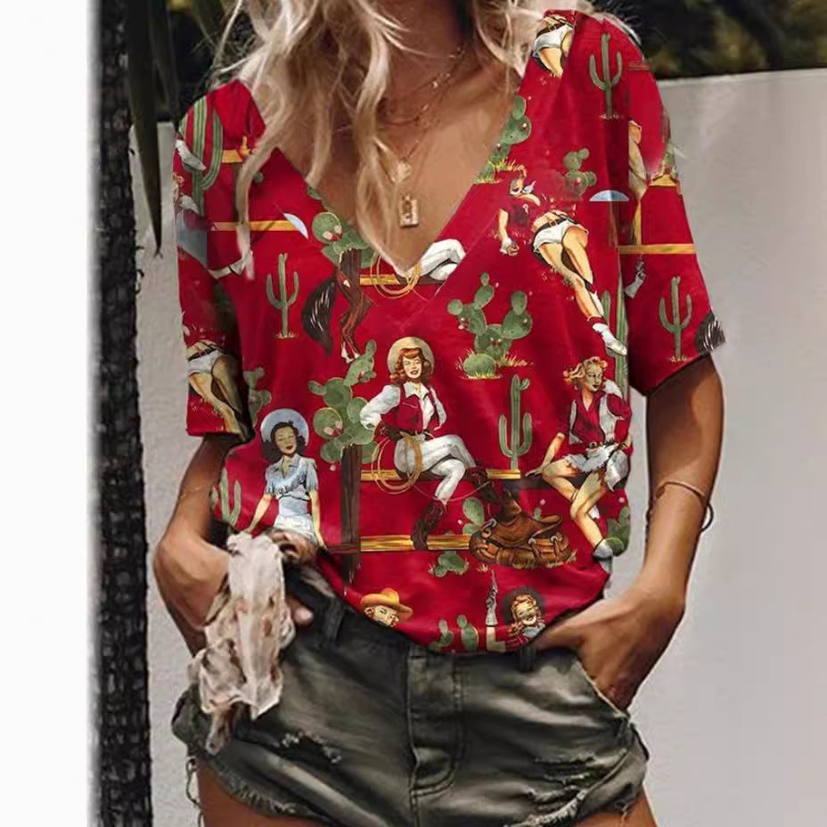 Women's Digital Printed Western Denim Short-sleeved Women's T-shirt