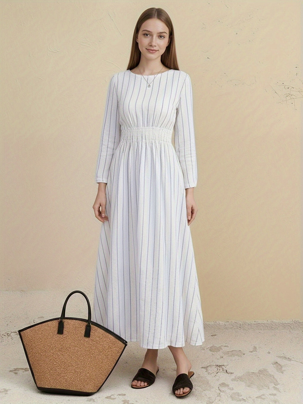 Women's Striped Crew Neck Long Sleeves Smocking Dress