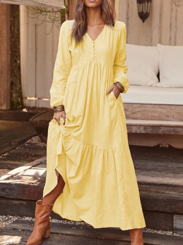 Women's Button Cotton Linen Retro Casual Long-sleeved Large Dress