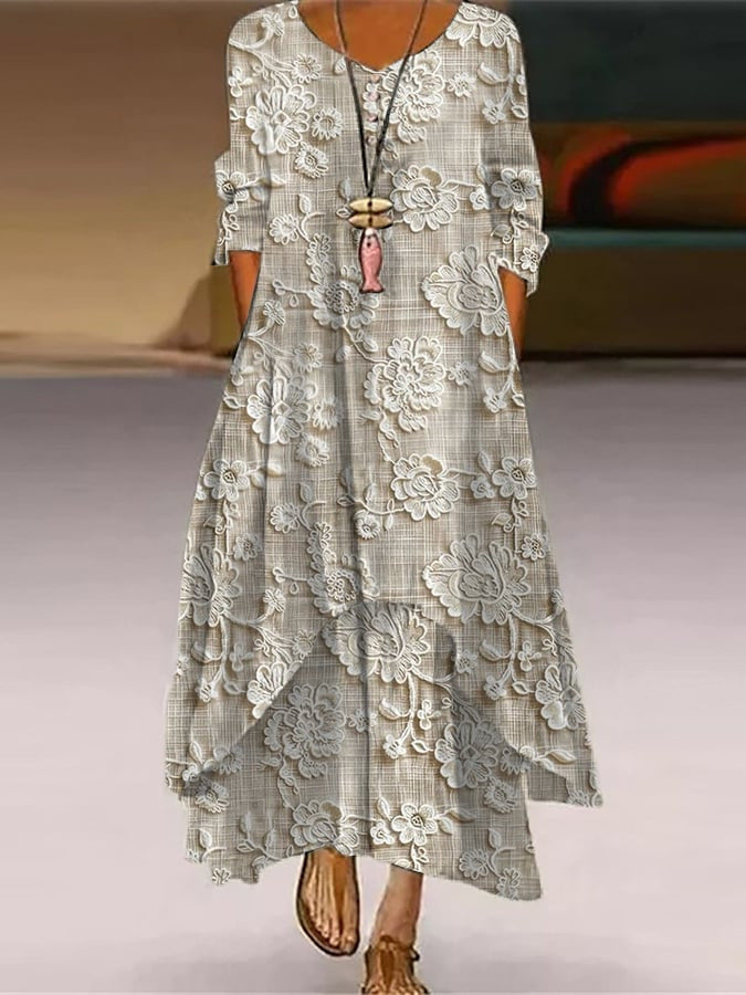 Women's Popular Printed Long-sleeved Hem Irregular Long Dress