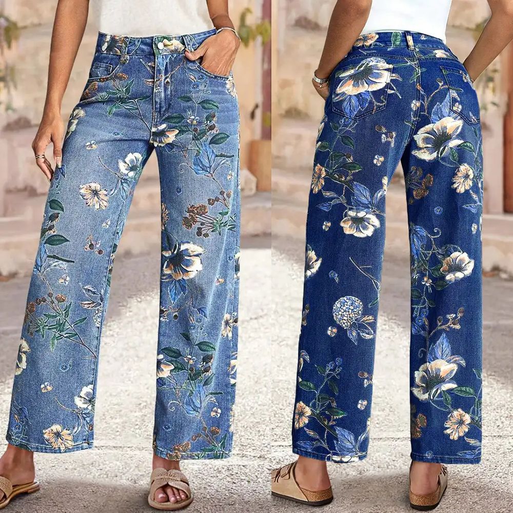 Pattern Straight High Waist Vintage Random Print Loose Jeans