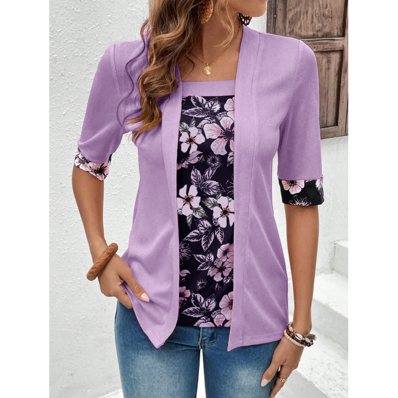 Women's Summer Fake Two-piece Sleeve Printed T-shirt Blouse