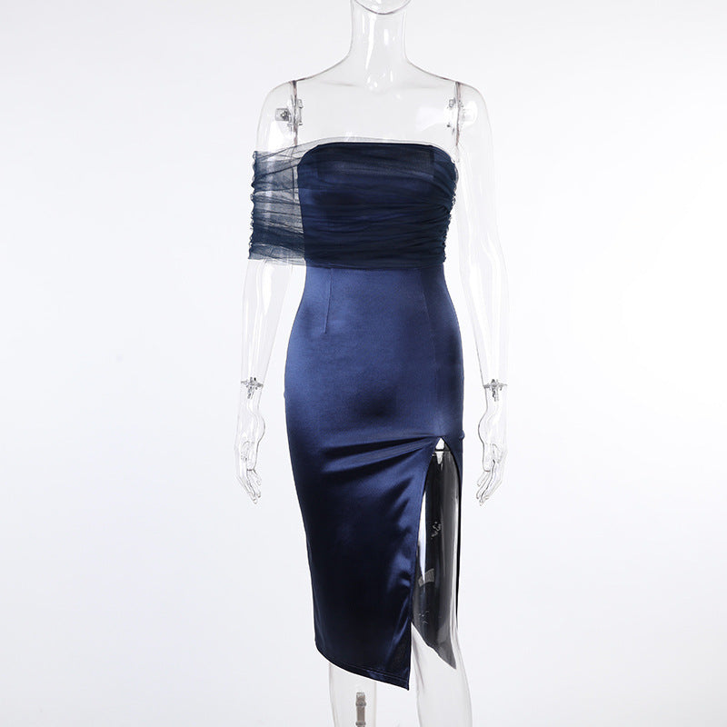 Summer Satin Split Micro Yarn Sexy Tuxedo Dress