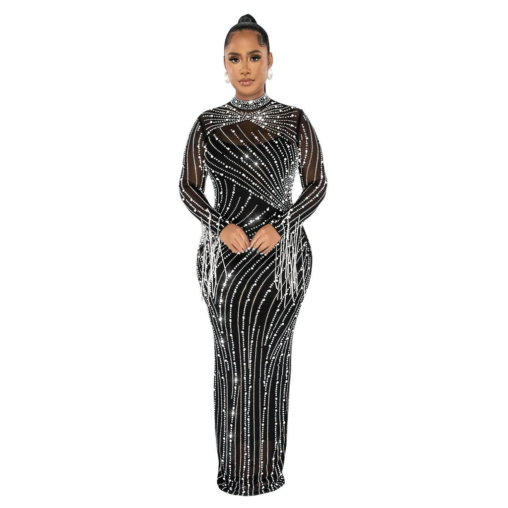 Women's Mesh Hot Drilling Long Sleeve Lining Two-piece Dress