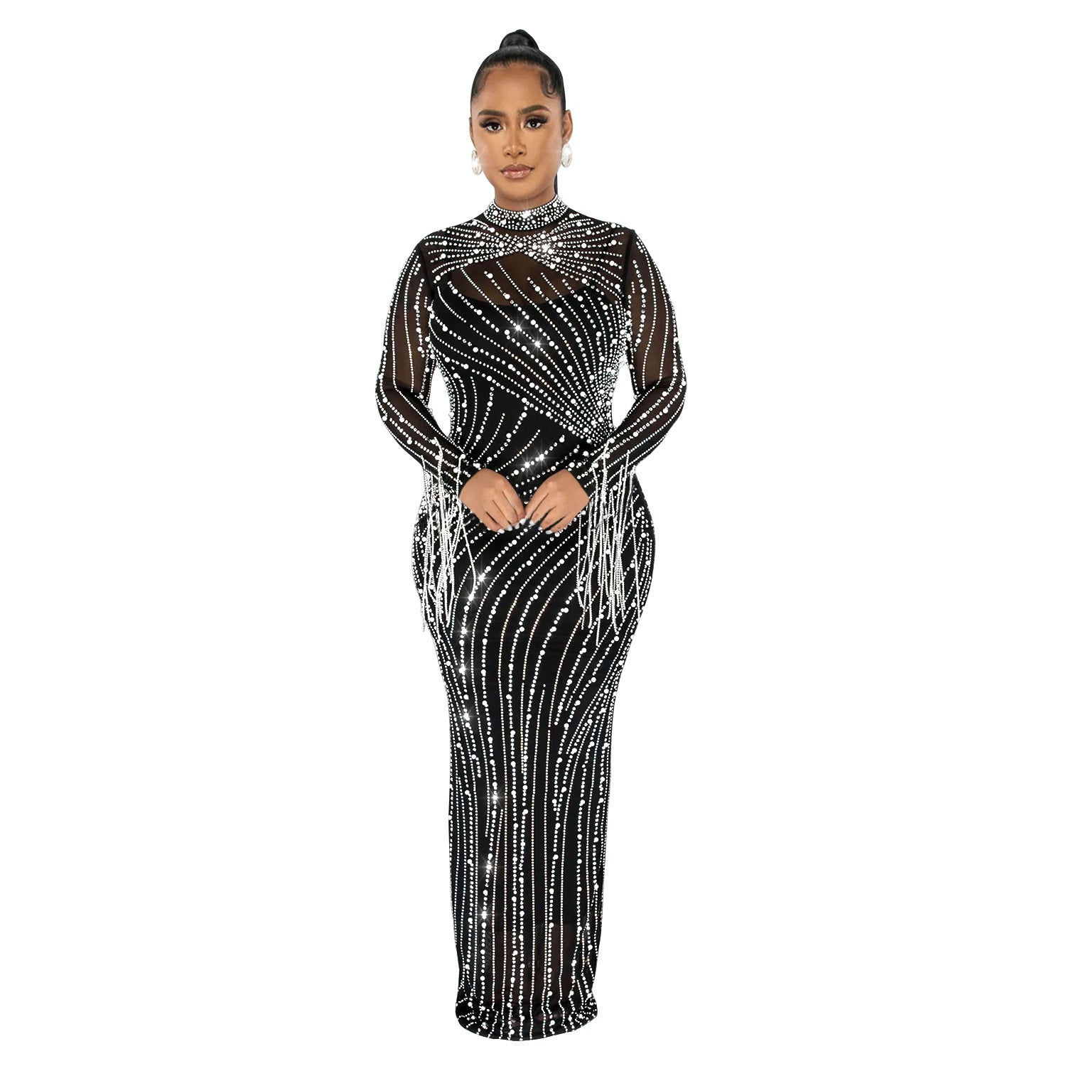 Women's Mesh Hot Drilling Long Sleeve Lining Two-piece Dress