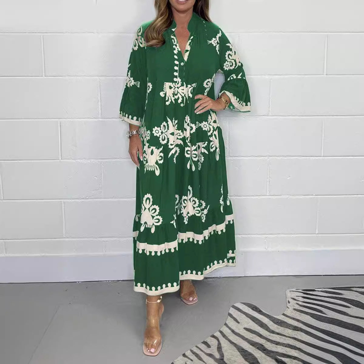 Women's Elegant Print Stand-up Collar Cinched Dress