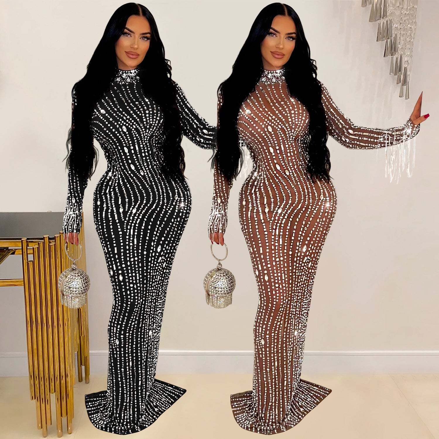 Women's Fashion Wear Pure Color Mesh Rhinestone Dress