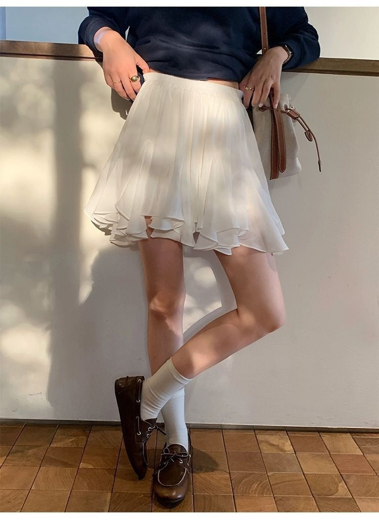 Women's White A- Word Elastic Waist Irregular High Skirts