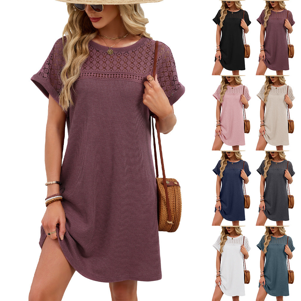 Solid Color Round Neck Lace Stitching Loose Dress