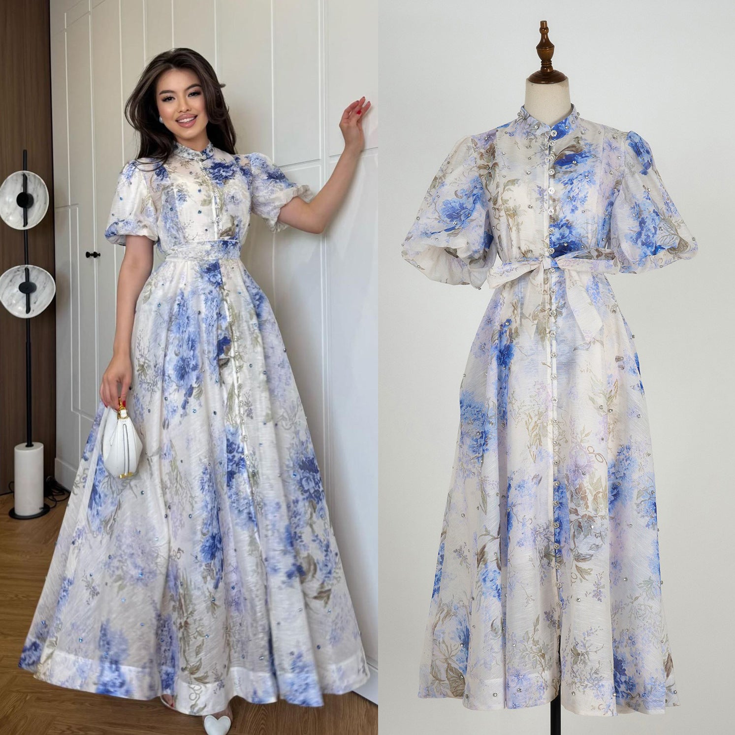 Summer Palace Style High Design Sense Rhinestone Sleeve Single-breasted Long Dress