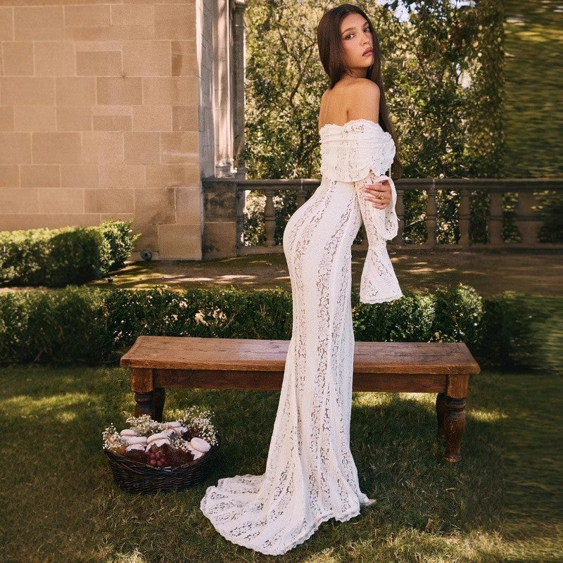 Autumn French Style Temperament Lace Long Flared Sleeve Dress