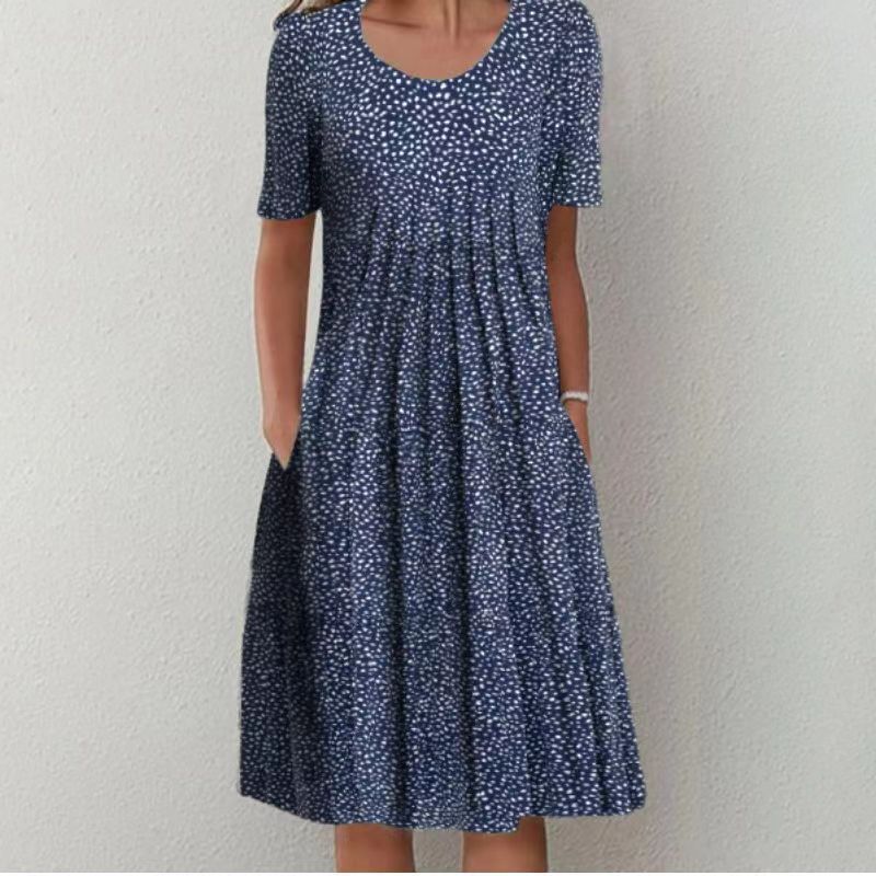 Women's Floral Print Round Neck Pocket Mid-length Clothing